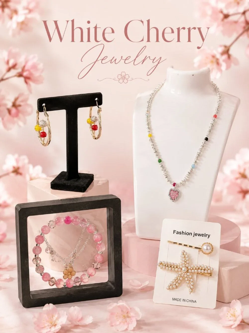 15pc White Cherry Beauty Jewelry Accessories Gift Bundle New